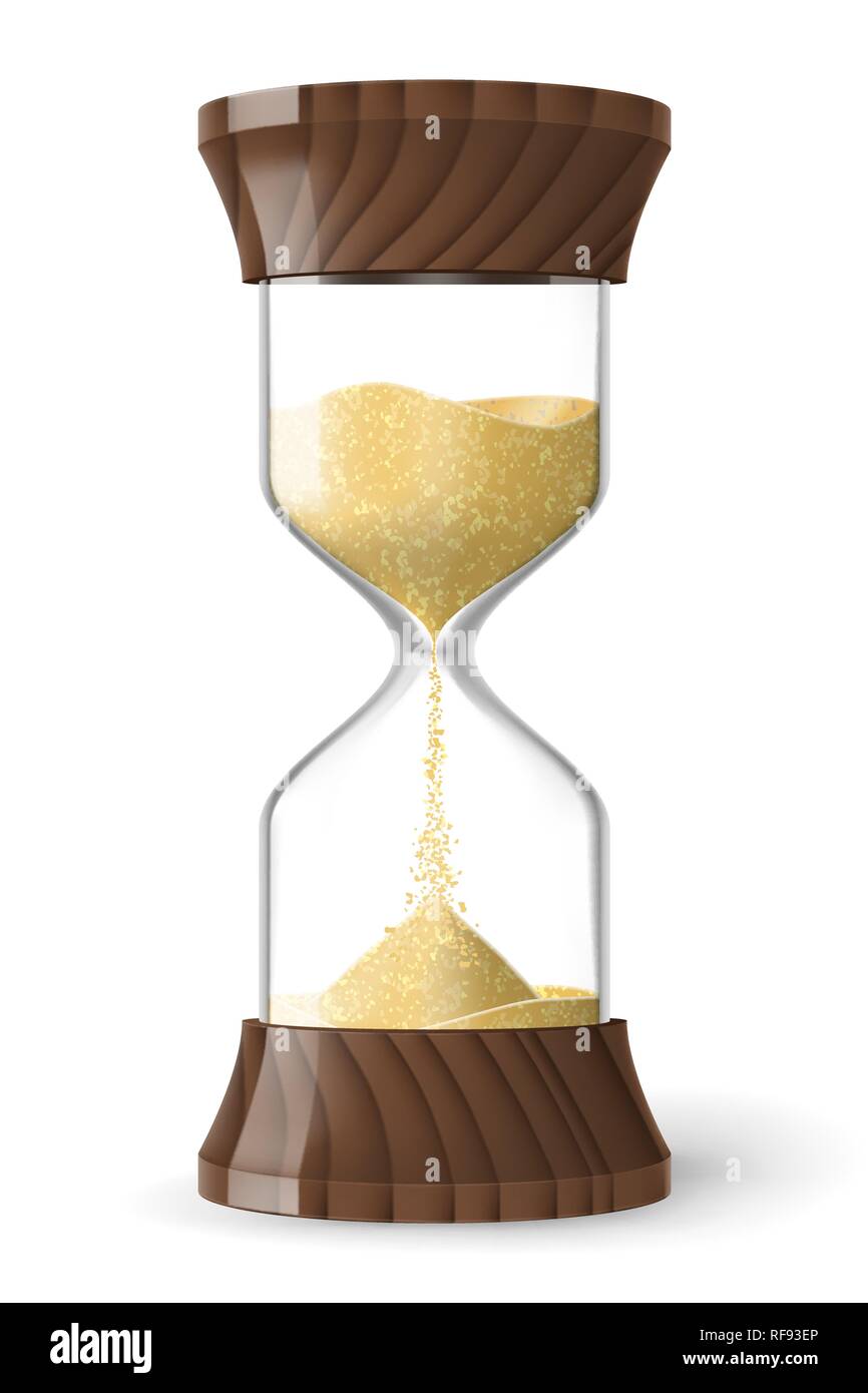 Realistic hourglass clock made of glass, wood and golden metal with ...