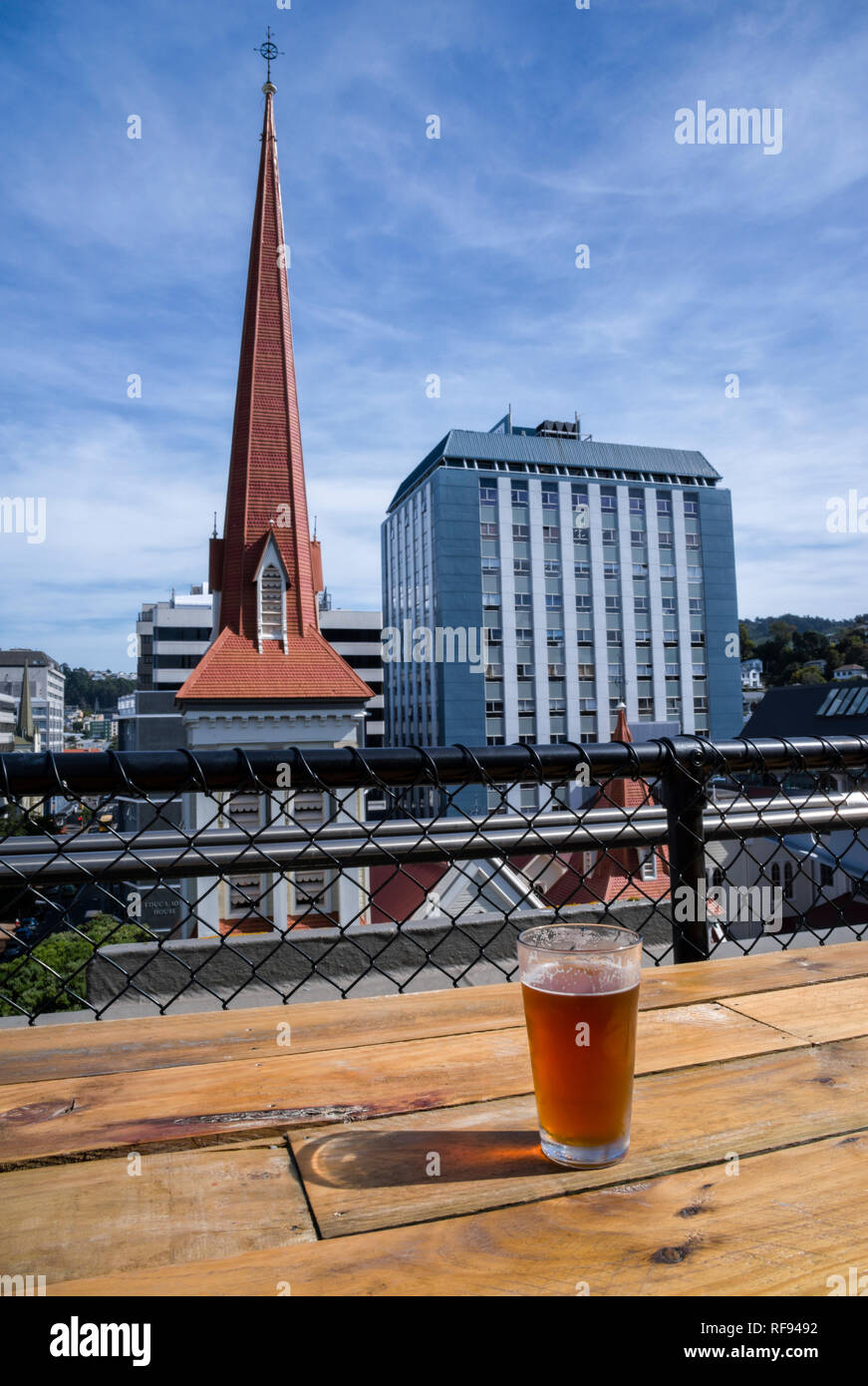 Locally brewed craft beer and a scenic view of the city skyline in downtown Wellington, New