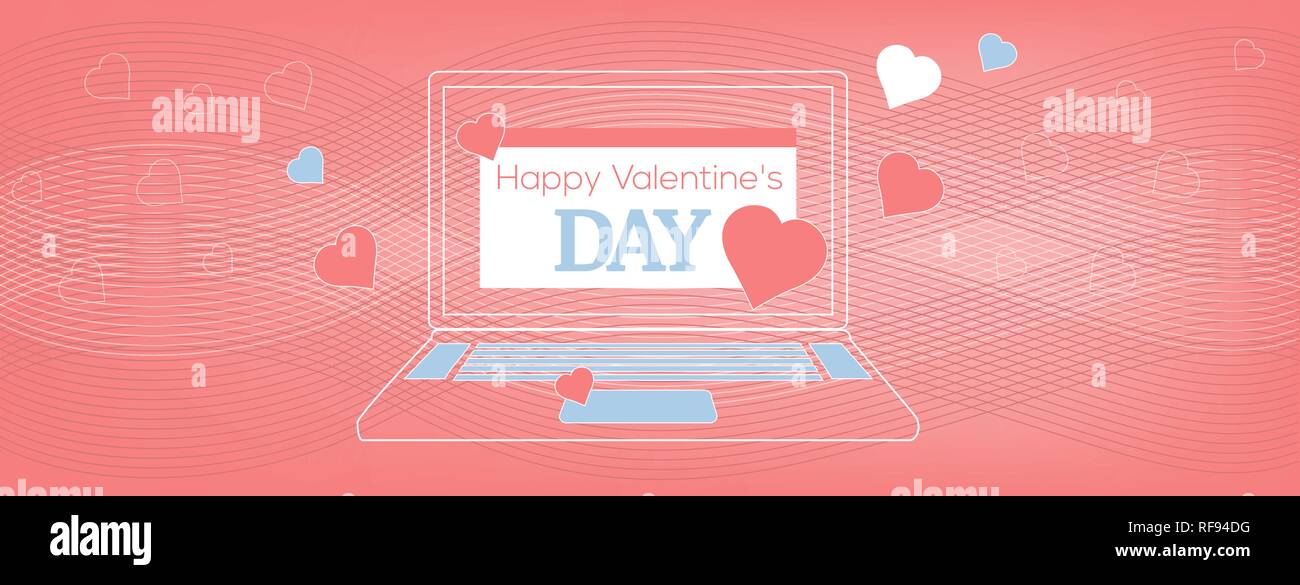 Vector illustration Laptop with Happy Valentine's Day Card on the coral wavy, geometric background. Flyer or invitation template, cover of the site. Stock Vector