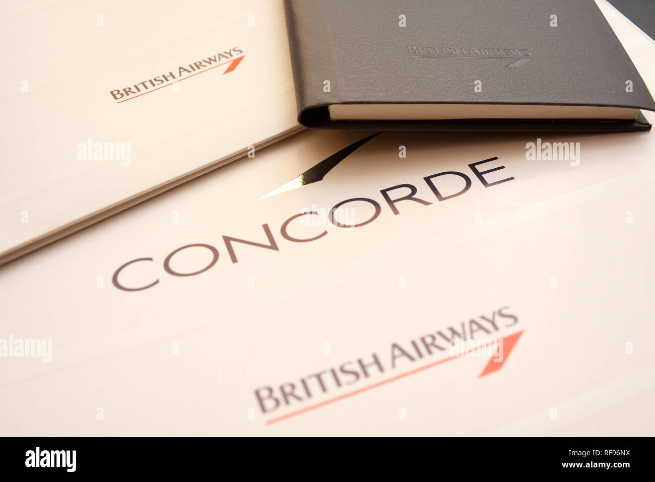 British Airways Concorde jet airliner plane souvenir stationery. Logo branded collectible items. Brochure with brand. Momento keepsake of supersonic Stock Photo