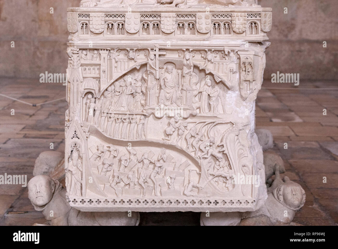Detail of the tomb of Ines de Castro showing Christ presiding over the Last Judgement., Alcobaça Monastery, Alcobaça, Portugal Stock Photo