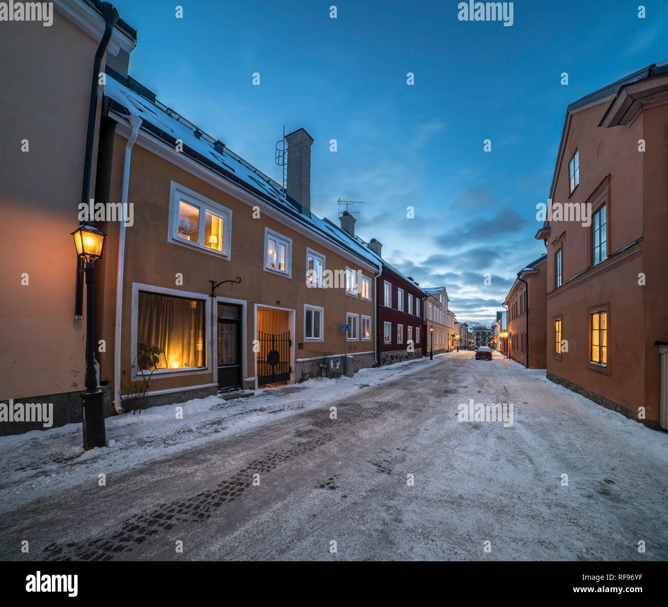 Old historic buildings at night in the winter. Uppsala, Sweden, Scandinavia. Stock Photo