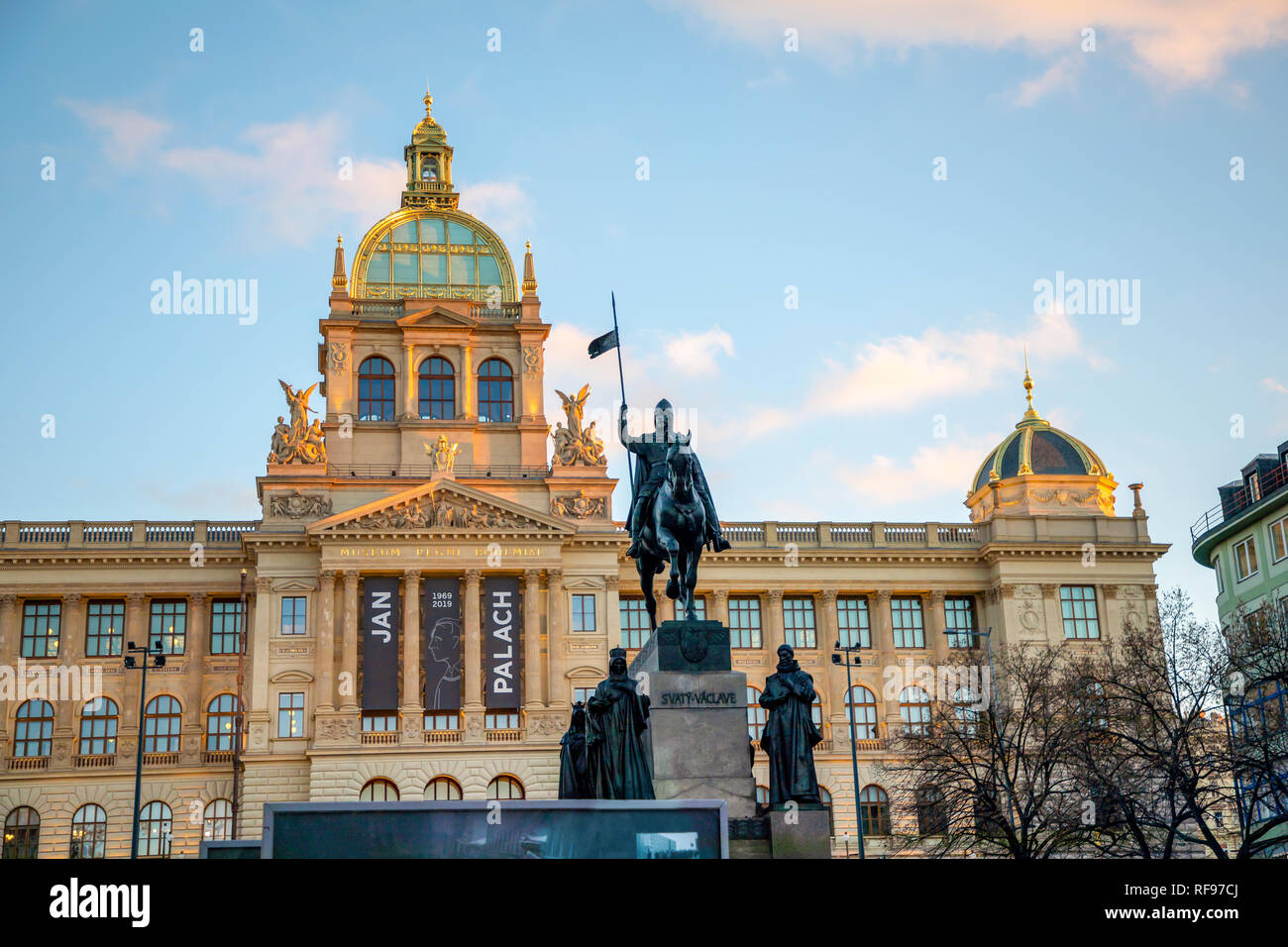 Prague, Czech Republic - 18.01.2019: the equestrian statue of Saint Wenceslas and the Neorenaissance National Museum in Prague, Czech Republic Stock Photo