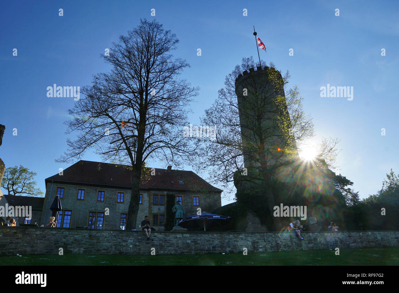 Sparrenburg in Bielefeld as silhouette in the evening sun, Germany Stock Photo