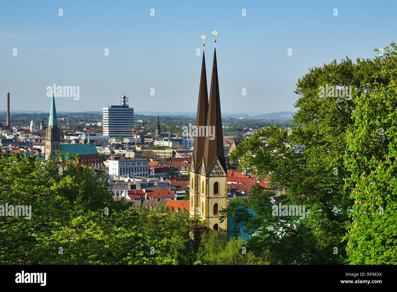 City view of Bielefeld with Nikolaikirche and Neustädter Marienkirche, Germany Stock Photo