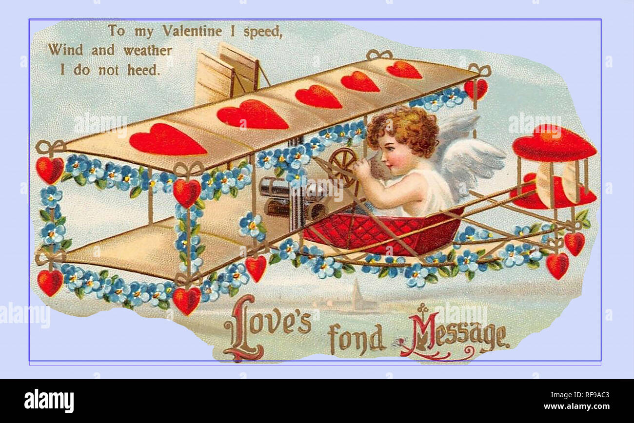 1912 aeroplane valentine's day card with cupid as pilot Stock Photo