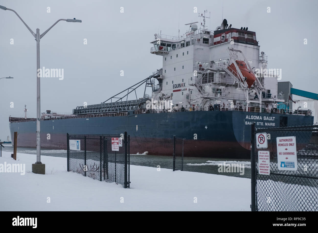 An image of Goderich harbour in winter. View of a large vessel. Stock Photo
