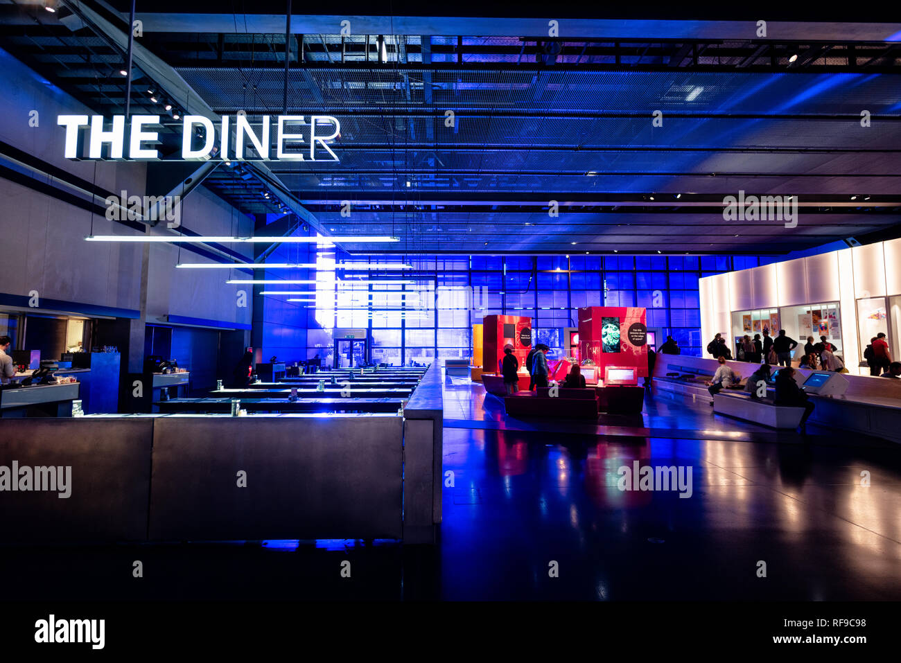 LONDON, UK - The Diner cafe at the Science Museum in London. Located on Exhibition Road in South Kensington, the Science Museum was founded in 1857 and contains hundreds of thousands of artefacts related to science and technology. The museum, with its extensive collection and interactive exhibits, is a major educational hub that has played a significant role in promoting public engagement with science and its history. Stock Photo