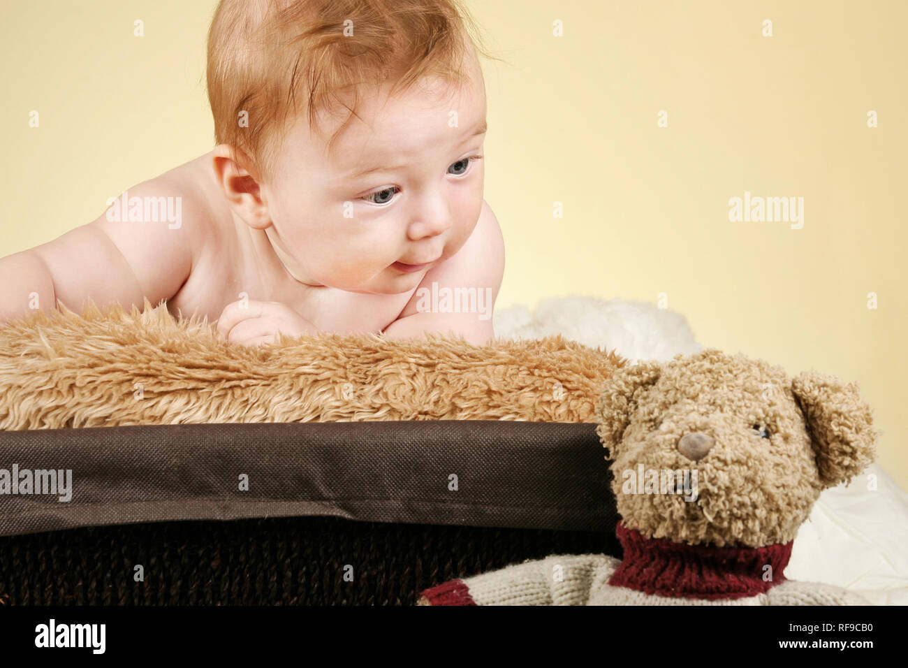 Adorable baby boy looking at his teddy bear Stock Photo - Alamy