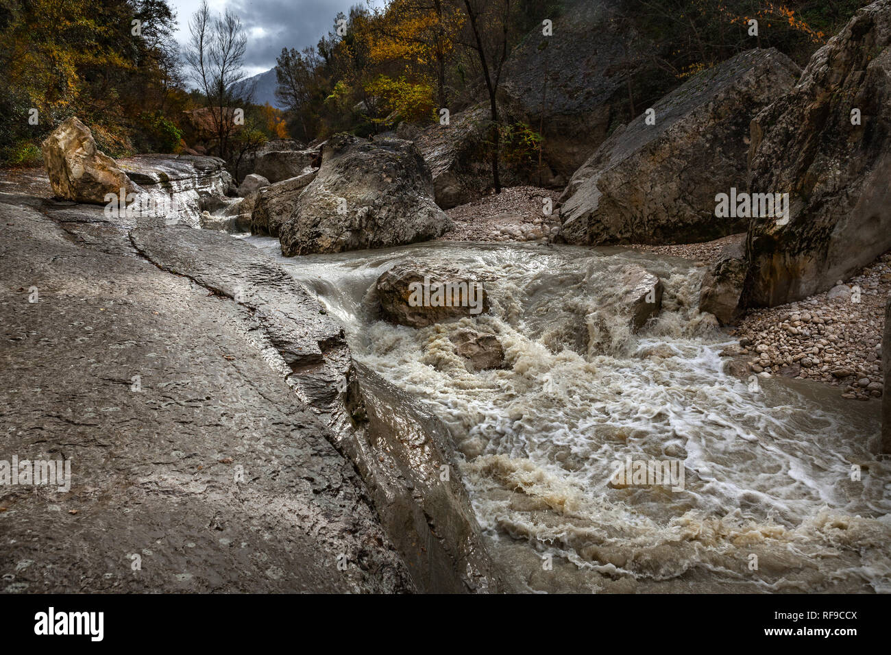 swollen Orta river after a heavy rain, Abruzzo Stock Photo
