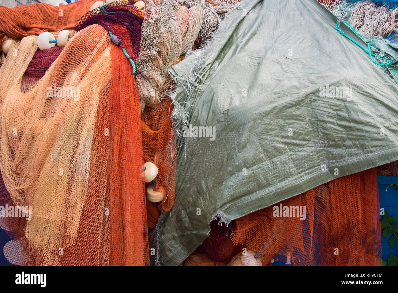 background of colorful fishing nets and floats, in Bermeo Stock Photo