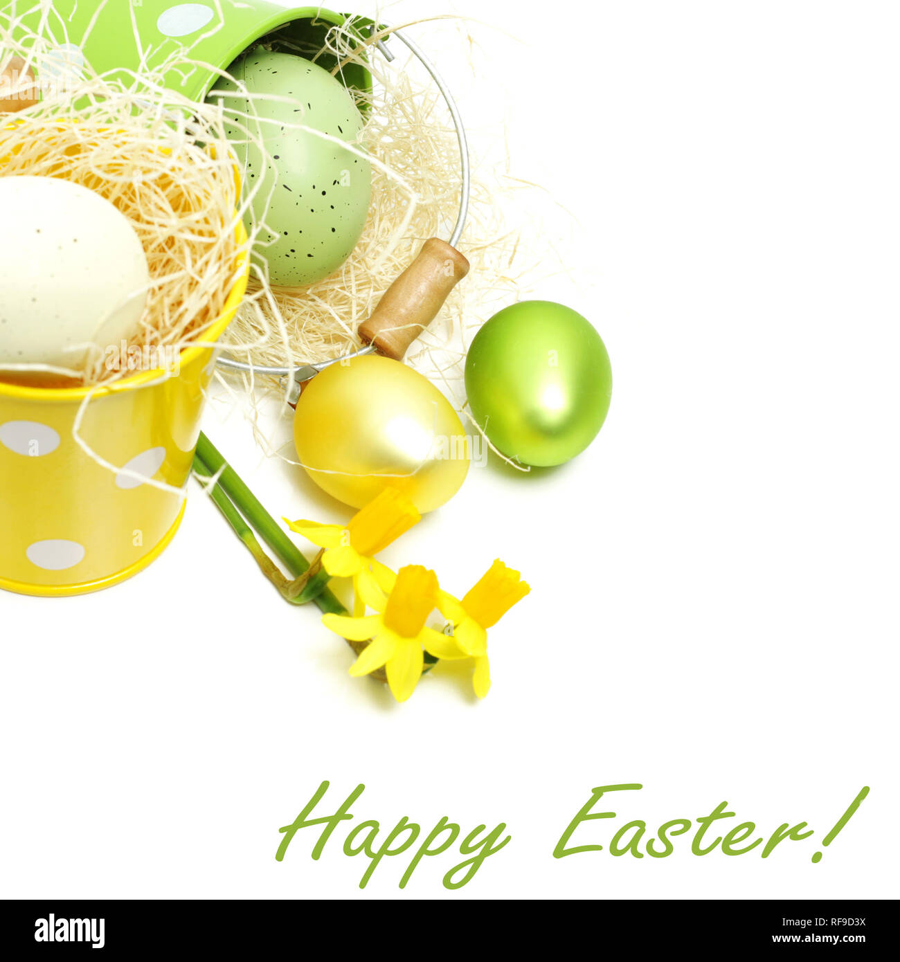 Easter eggs in little buckets on white Stock Photo - Alamy