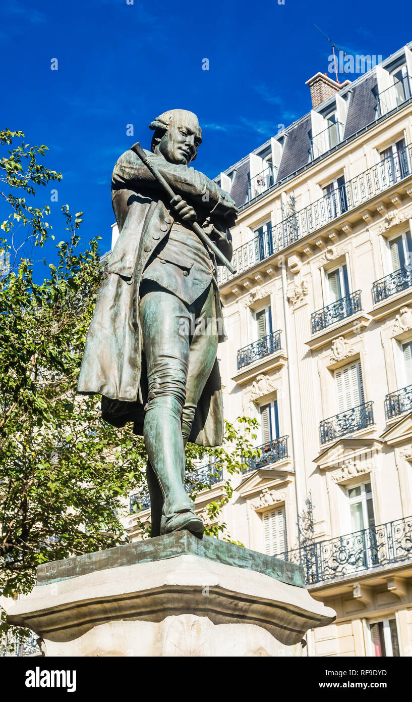 Statue of Pierre-Augustin Caron de Beaumarchais by Louis Clausade (1895), in the 4th arrondissement of Paris. France Stock Photo