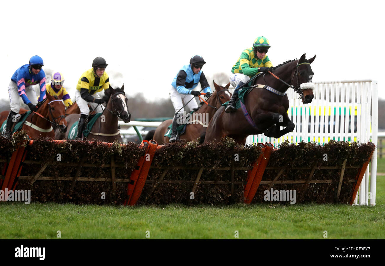 Metatrons Cube ridden by Stan Sheppard (right) competes in the Watch Racing TV with Free Trial Now Handicap Hurdle during Midlands Raceday at Warwick Racecourse. Stock Photo