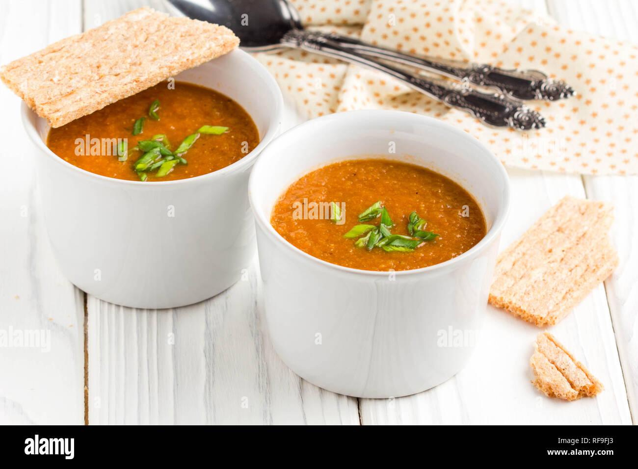 Vegetable cream soup, tomato, carrot, delicious lunch Stock Photo