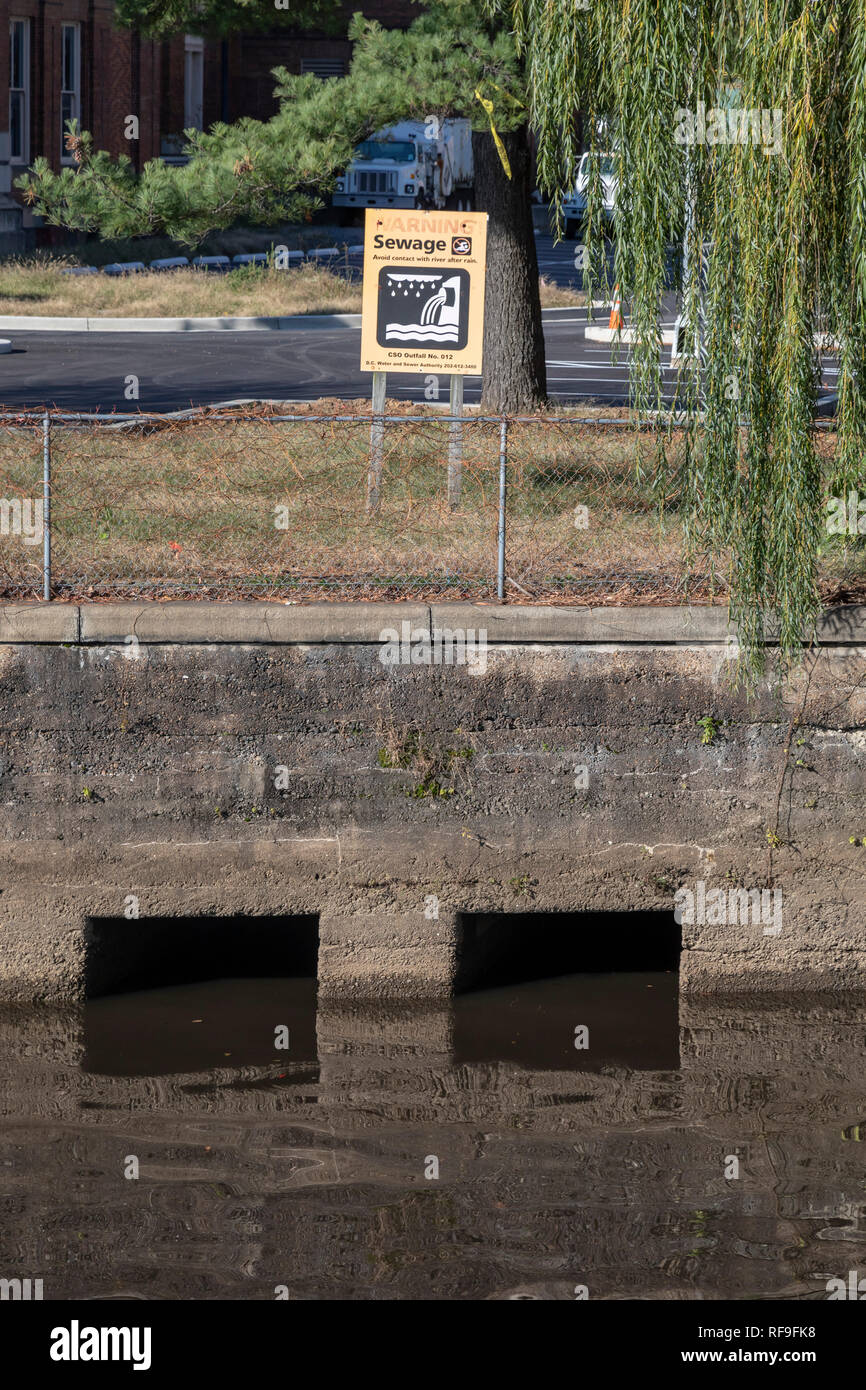 Washington, DC - A sign warns against contact with water in the Anacostia River after rainfall at a outflow from a large sewage plant. Stock Photo
