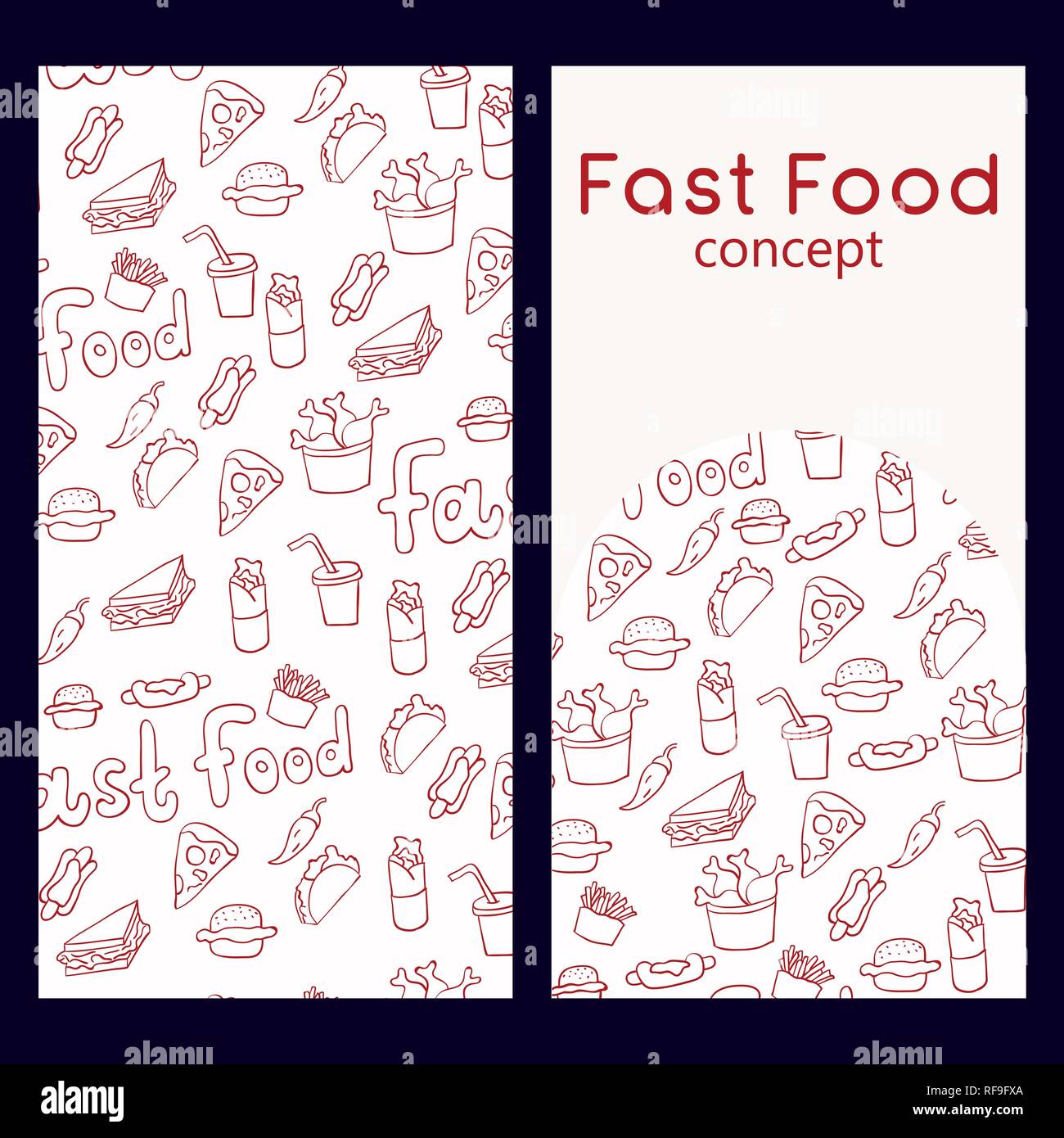 Vector logo design template and seamless pattern in doodle style for packaging. Fast food concept. Vector illustration Stock Vector