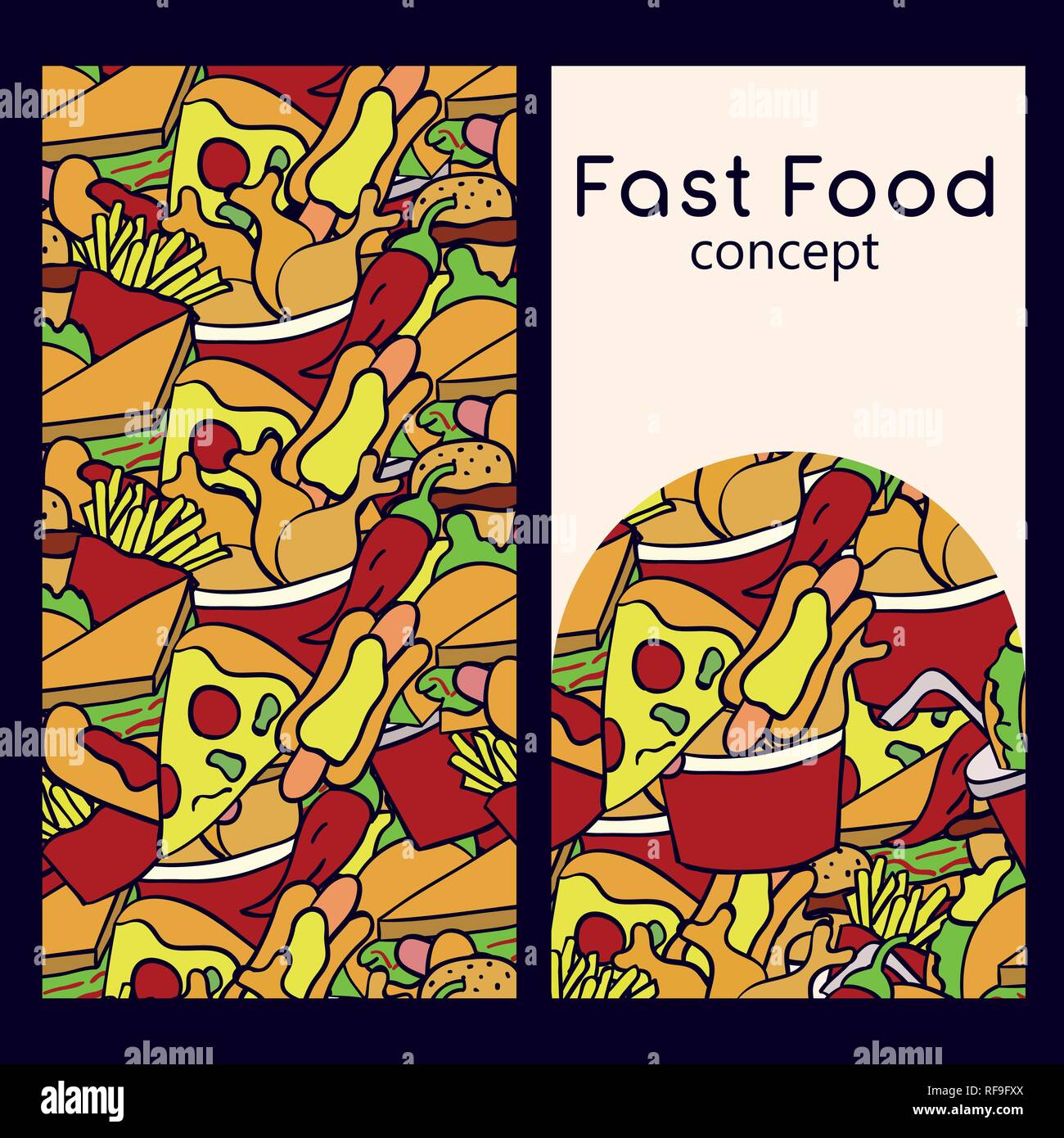 Vector logo design template and seamless pattern in doodle style for packaging. Fast food concept. Vector illustration Stock Vector