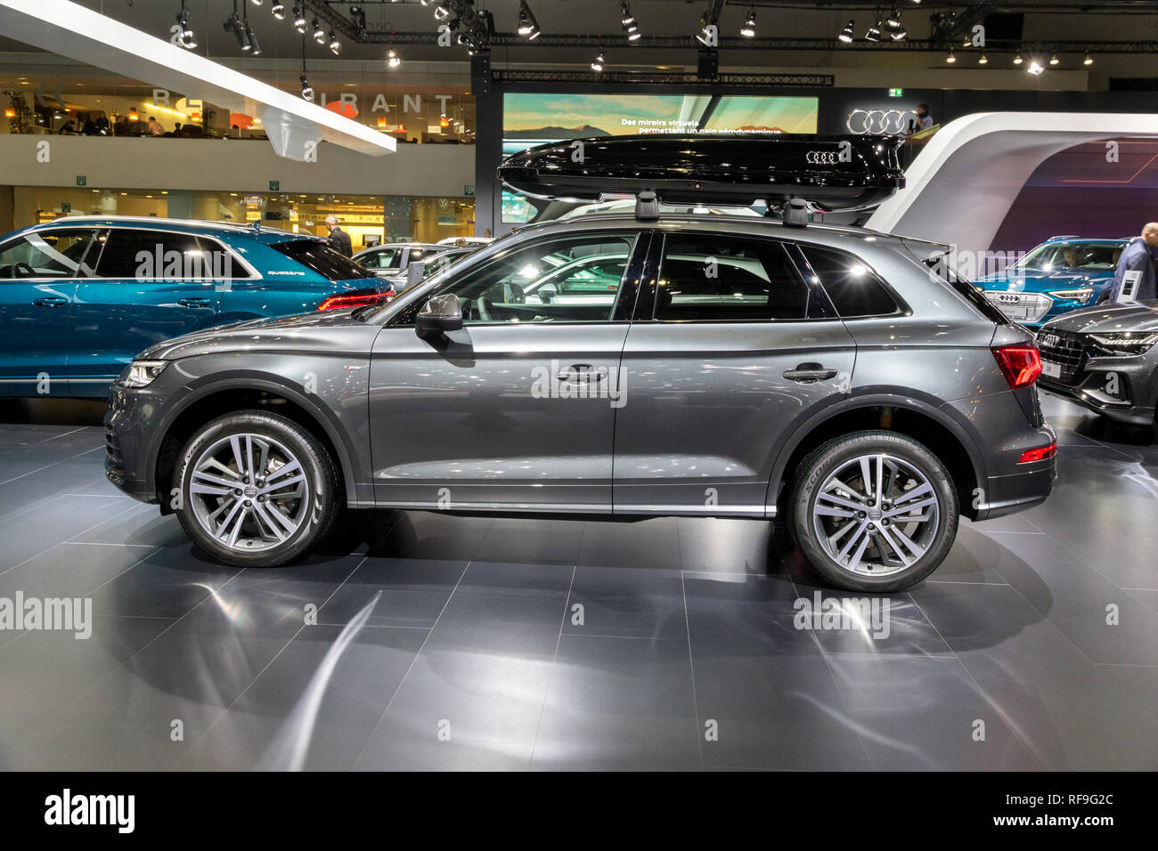 BRUSSELS - JAN 18, 2019: Audi Q5 compact luxury crossover SUV car showcased at the 97th Brussels Motor Show 2019 Autosalon. Stock Photo