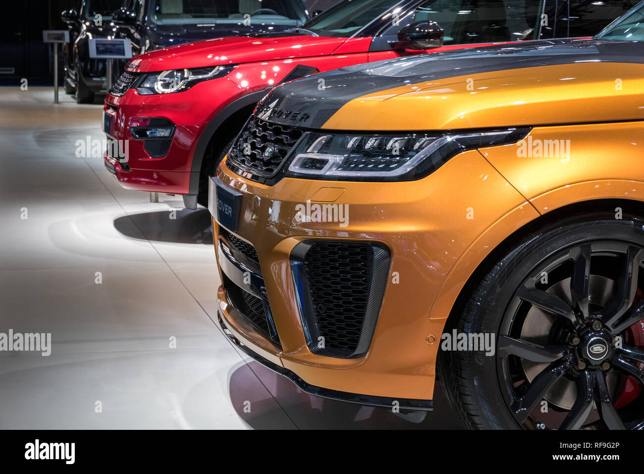 BRUSSELS - JAN 18, 2019: Range Rover Land Rover car showcased at the 97th Brussels Motor Show 2019 Autosalon. Stock Photo