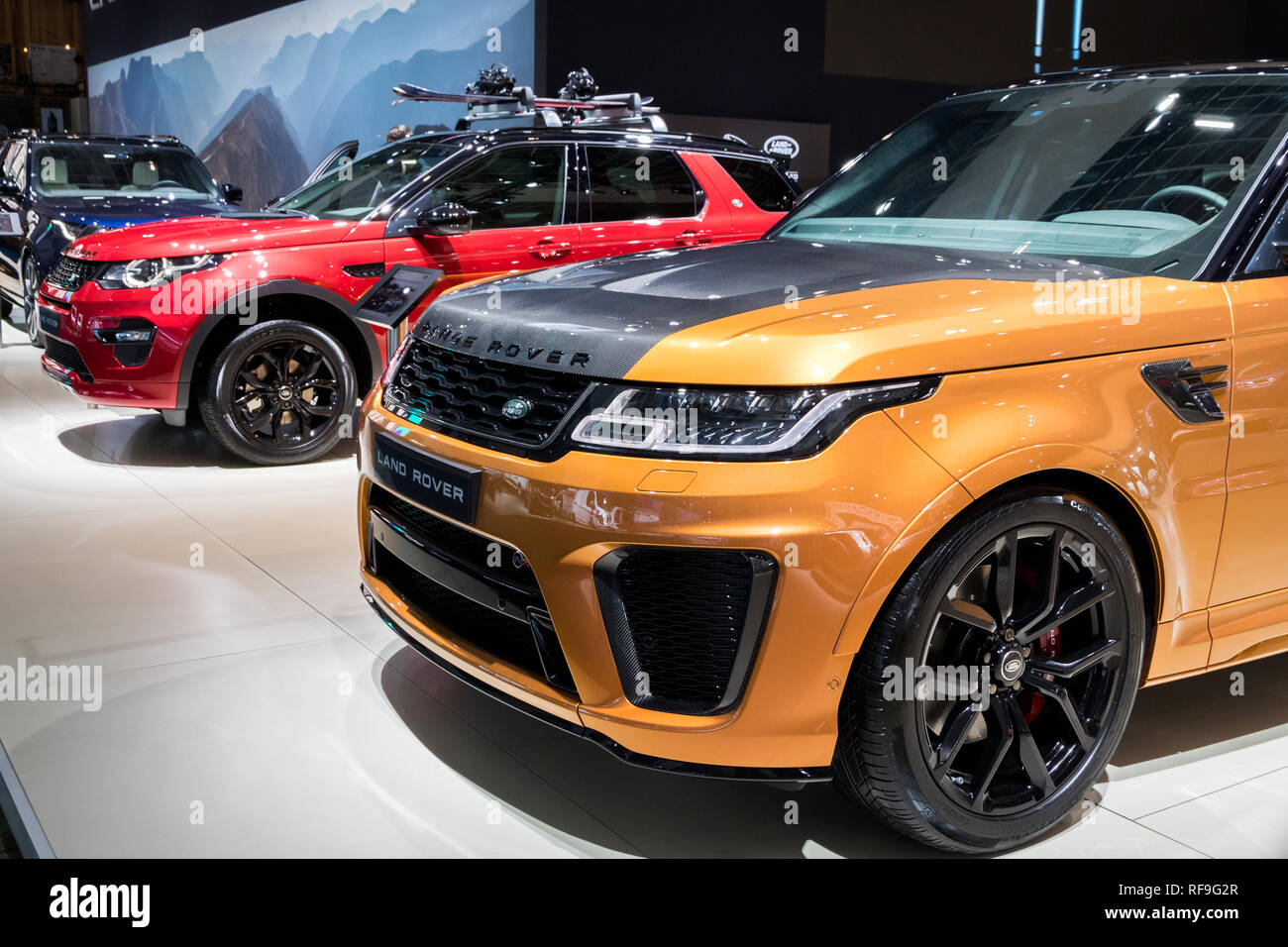BRUSSELS - JAN 18, 2019: Range Rover Land Rover car showcased at the 97th Brussels Motor Show 2019 Autosalon. Stock Photo