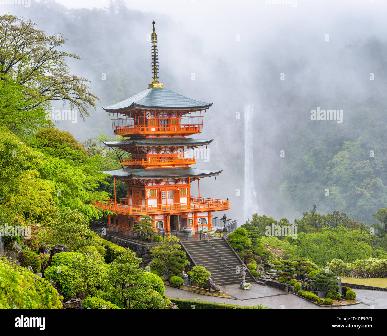 Nachi, Japan at Kumano Nachi Taisha Pagoda and waterfall on a misty day. Stock Photo