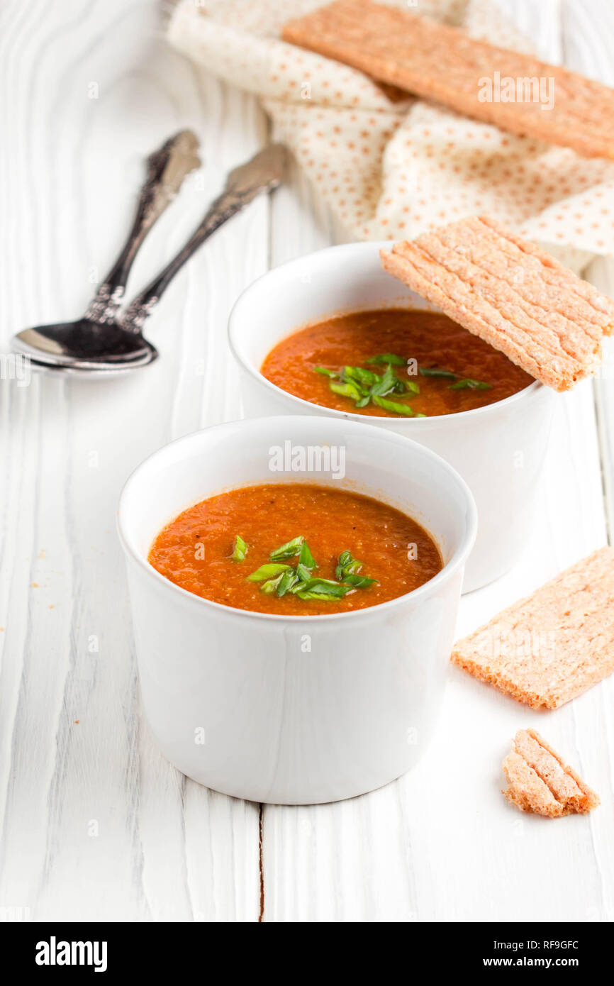 Vegetable cream soup, tomato, carrot, delicious lunch Stock Photo