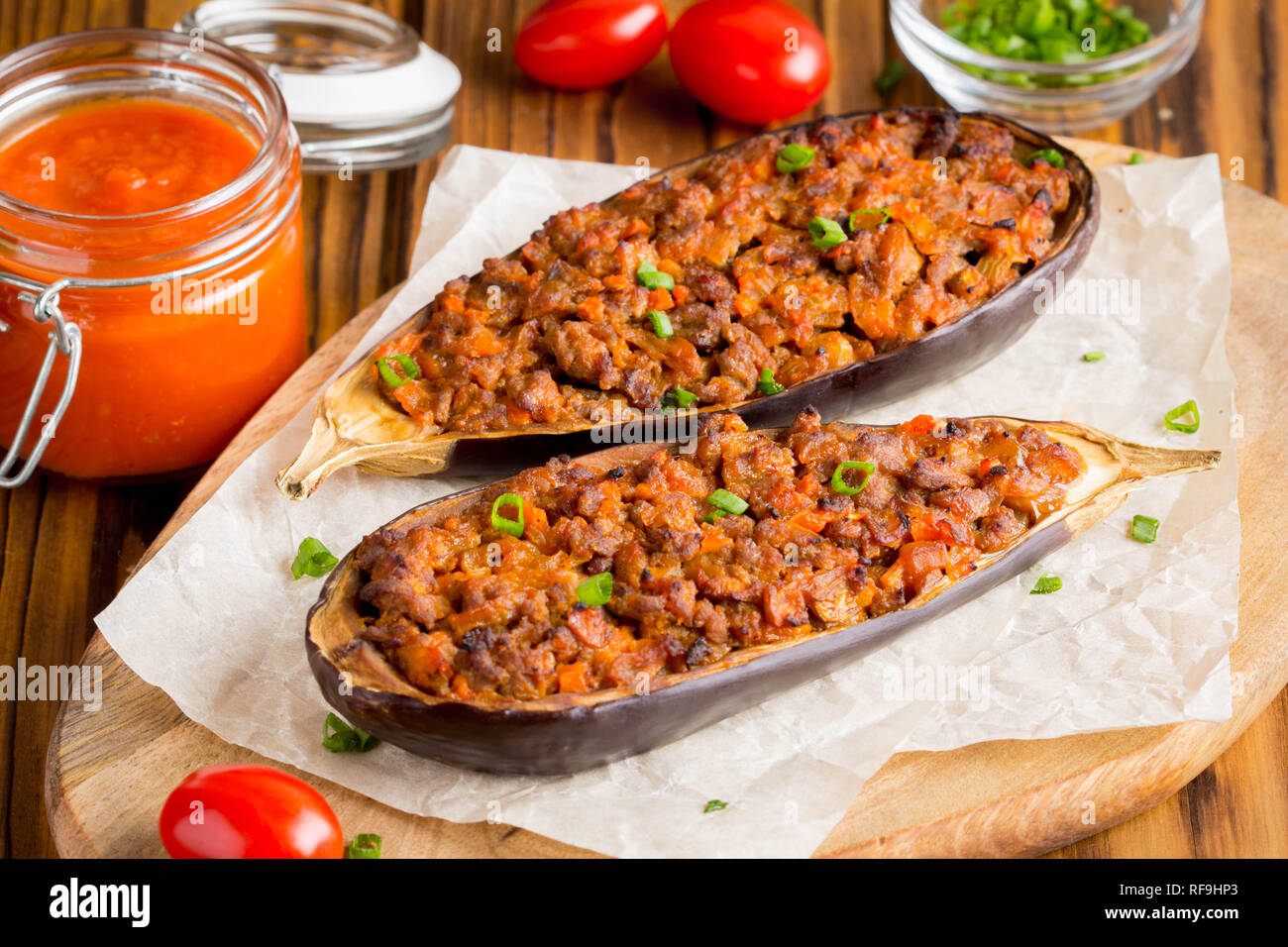 Stuffed eggplant, aubergine, ground beef, pork, vegetables, tomato