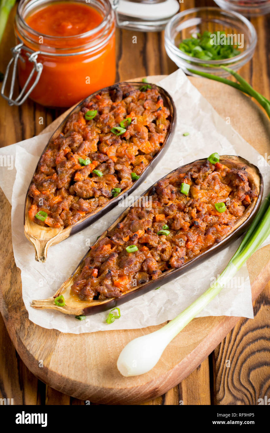 Stuffed eggplant, aubergine, ground beef, pork, vegetables, tomato