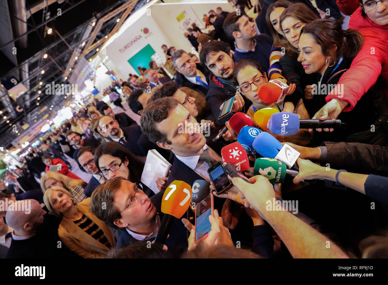 Pablo Casado seen making a statement to the media during the event.  The leader of the Popular Party, PP, Pablo Casado has visited the fair of FITUR accompanied by leaders of the Popular Party. Stock Photo