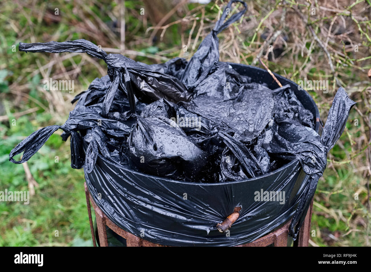 Dog poo black bags in bin at countryside park Stock Photo Alamy