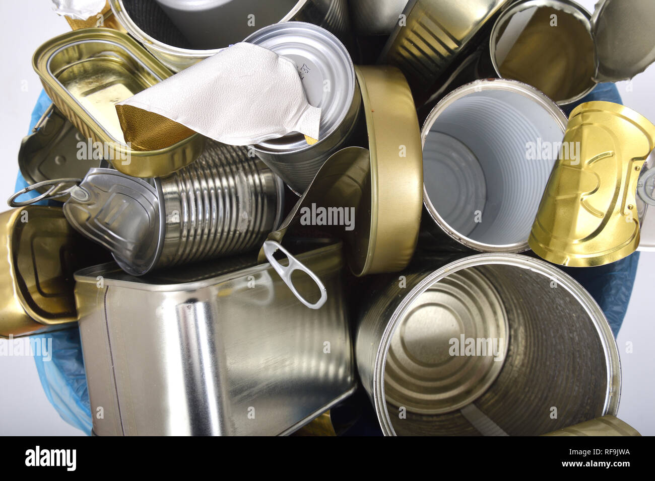 tin cans inside a garbage can,top view Stock Photo Alamy