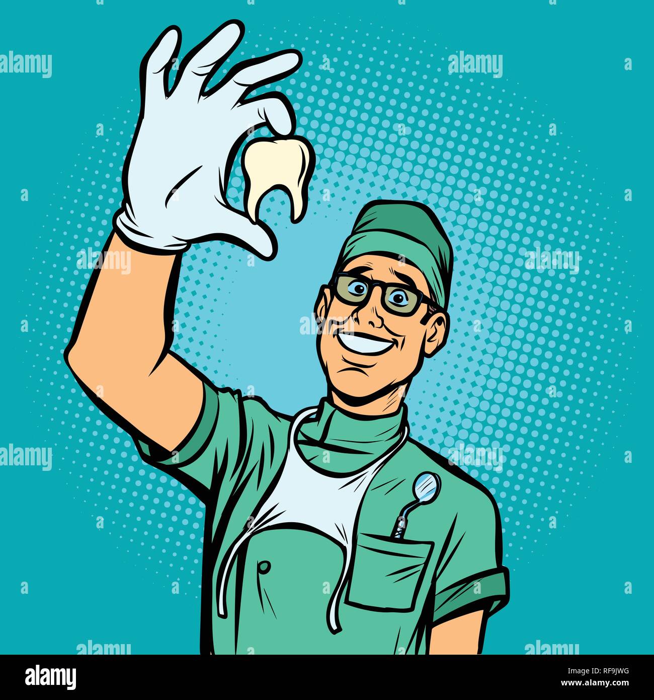 Joyful dentist man. Torn tooth Stock Vector