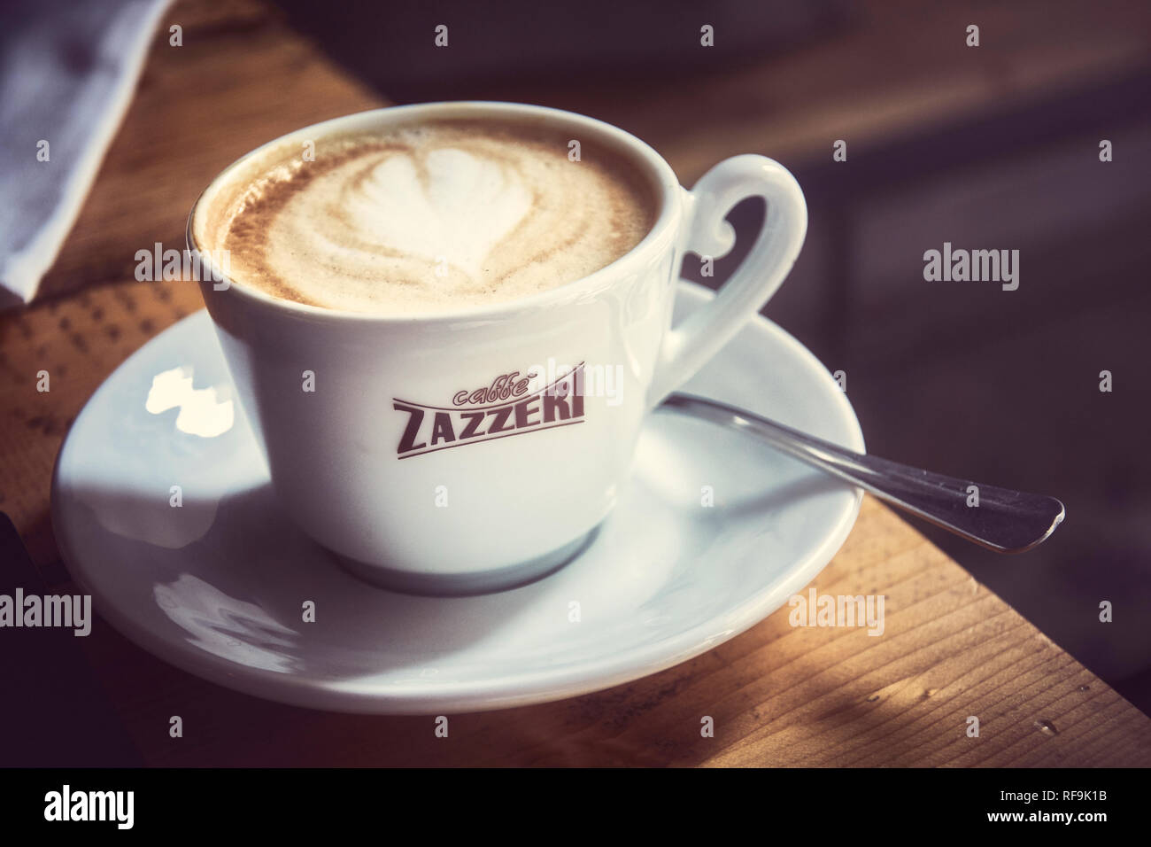 Latte art on coffee in the interior of a cafeteria called 'Caffe Zazzeri' in the city of Florence, Italy. Stock Photo