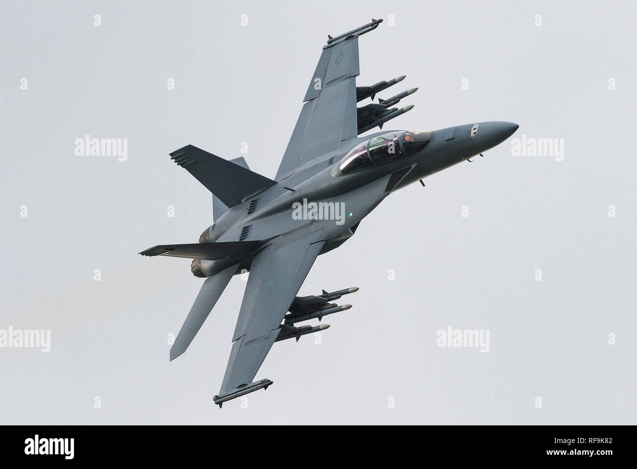 A Boeing F/A-18F Super Hornet multirole fighter jet of the United States Navy at the Royal International Air Tattoo 2016. Stock Photo