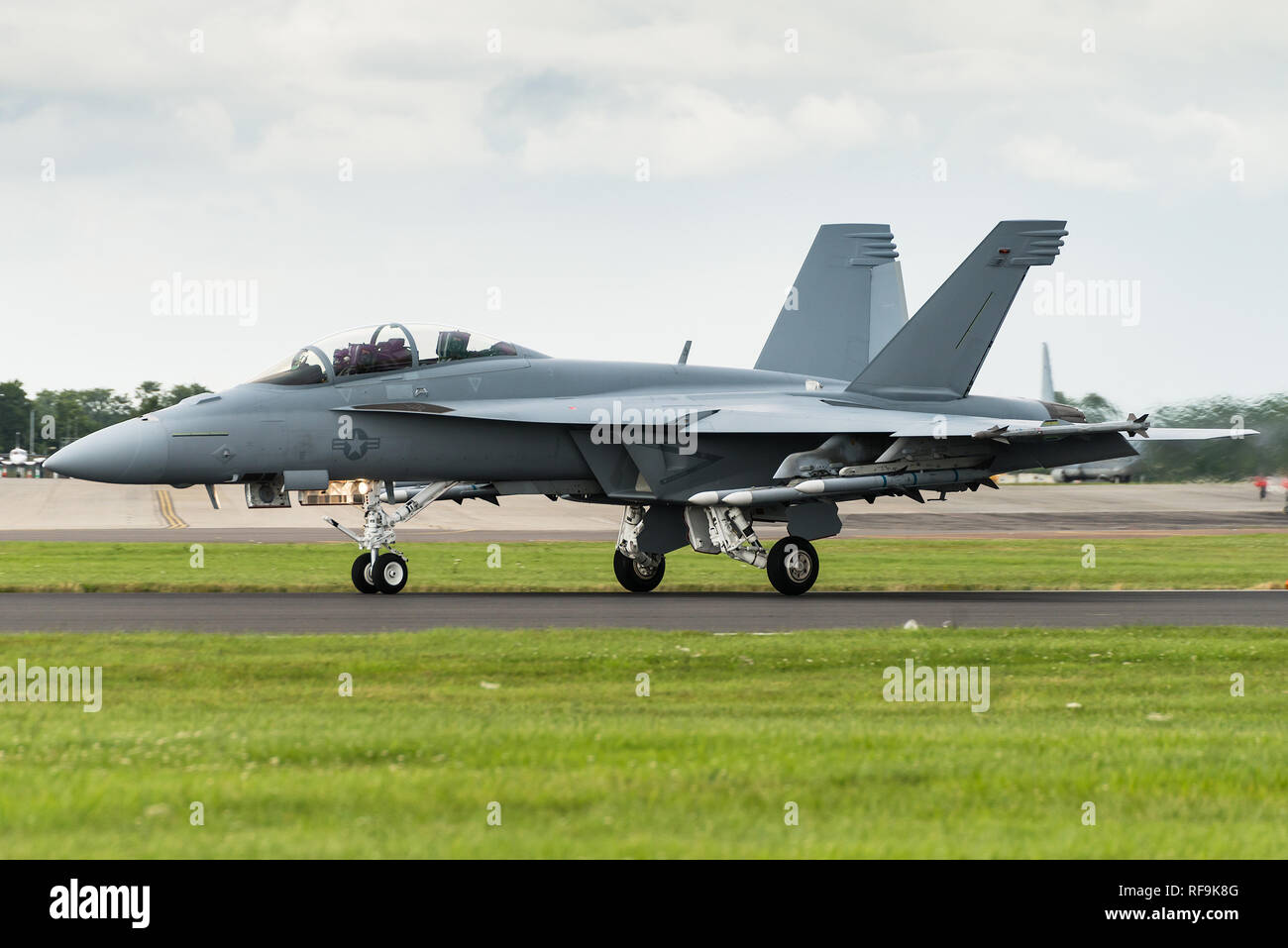 A Boeing F/A-18F Super Hornet multirole fighter jet of the United States Navy at the Royal International Air Tattoo 2016. Stock Photo