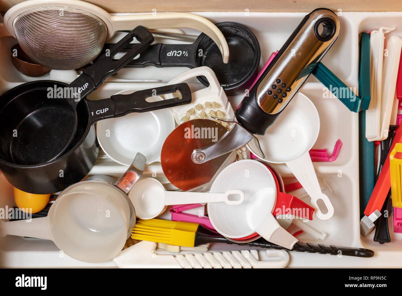 various kitchen utensils in a real life home Stock Photo