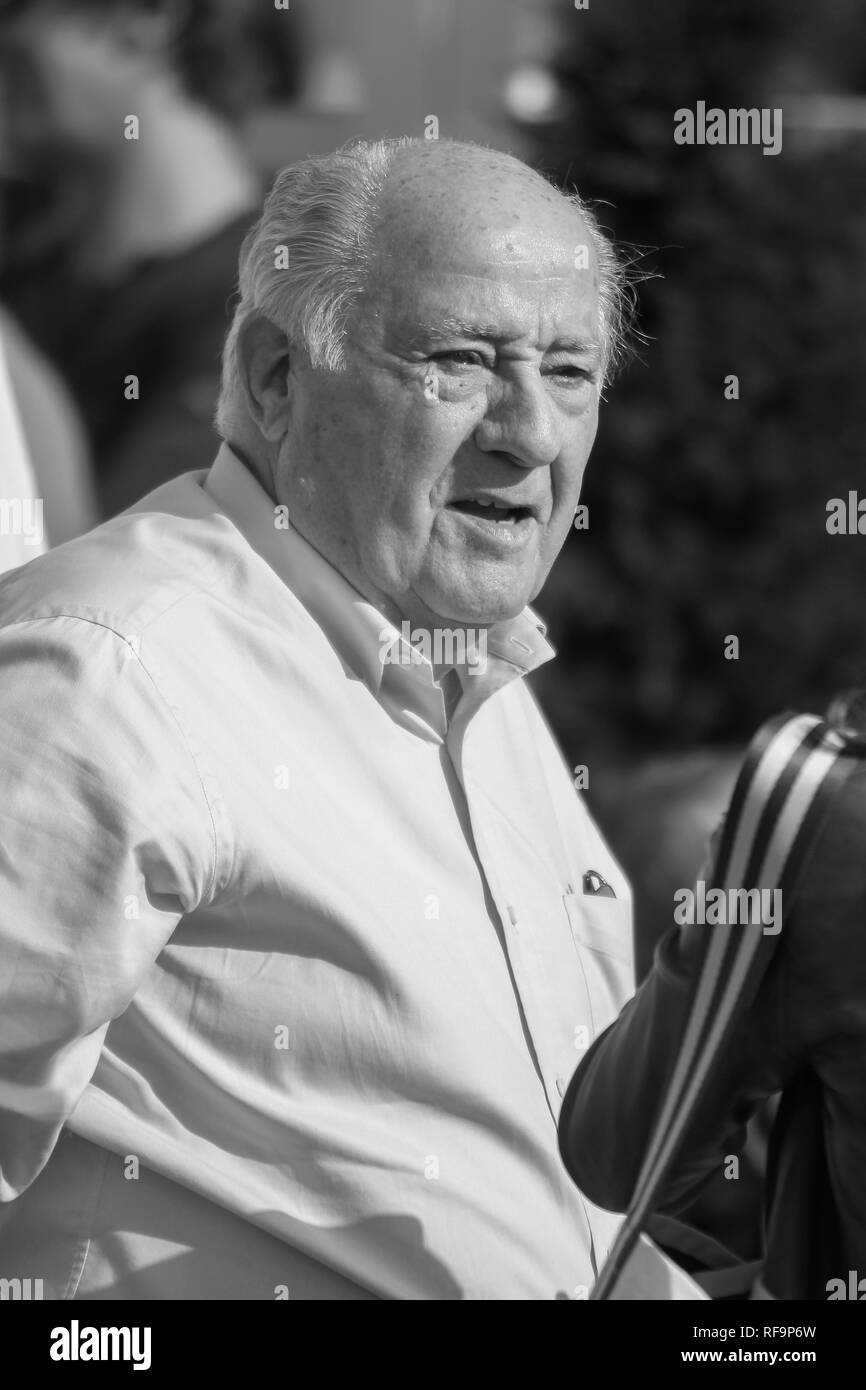 A CORUNA, SPAIN - JULY 20. Portrait in black and white of Amancio Ortega Gaona ,founder of Inditex (Zara empire ) on July 20,2018 in A Coruña,Spain.Im Stock Photo