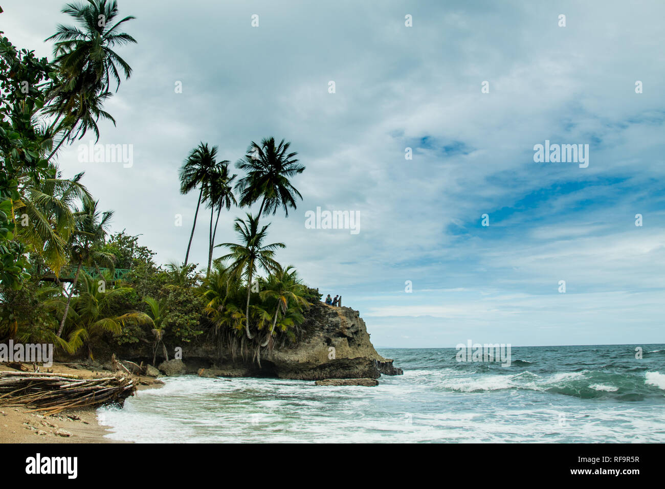 A landscape photo of beautiful tropical coast line (with palm trees and sandy beach) of Manzanillo National park, Costa Rica. Stock Photo