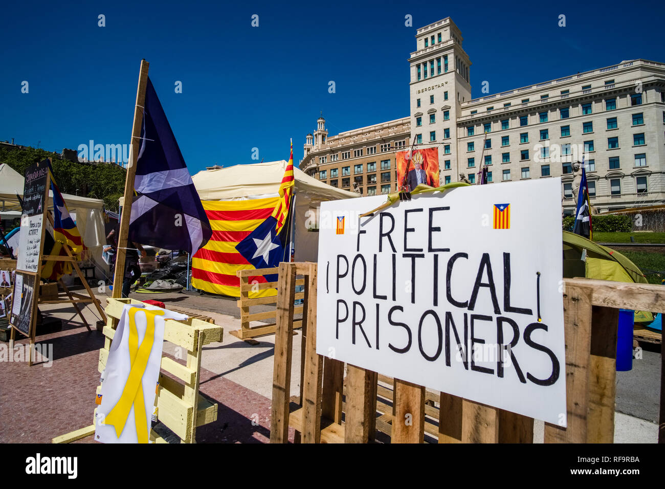 Protest for independence of Catalonia and freedom for political prisoners takes place at Plaça de Catalunya, Catalonia Square Stock Photo