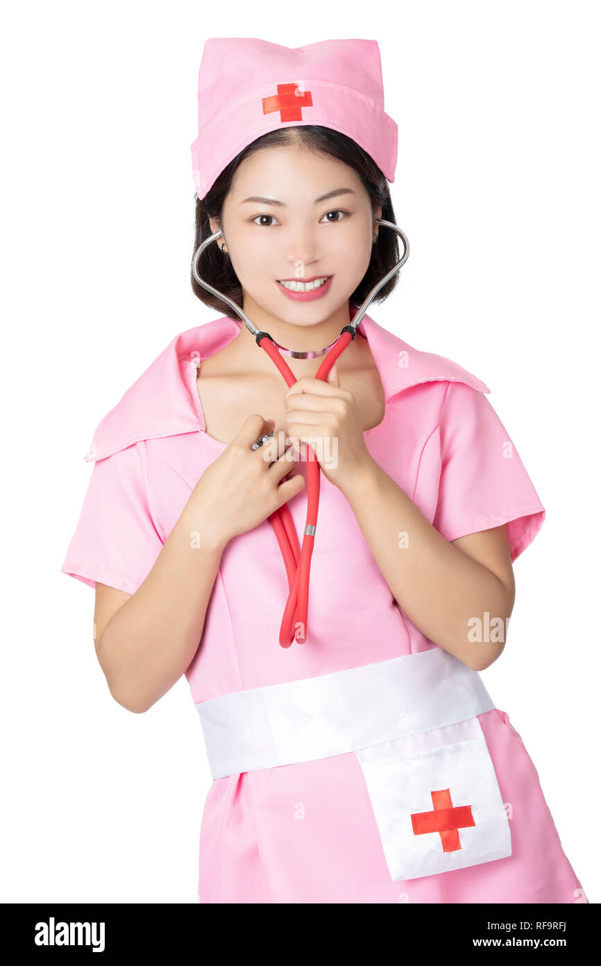 Beaufitul Chinese woman dressed as a sexy nurse isolated on a white  background Stock Photo - Alamy