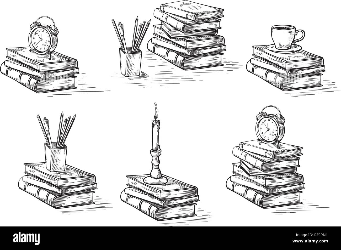 hand drawn sketch stack books set clock pen and candle isolated on white background vector illustration. Stock Vector