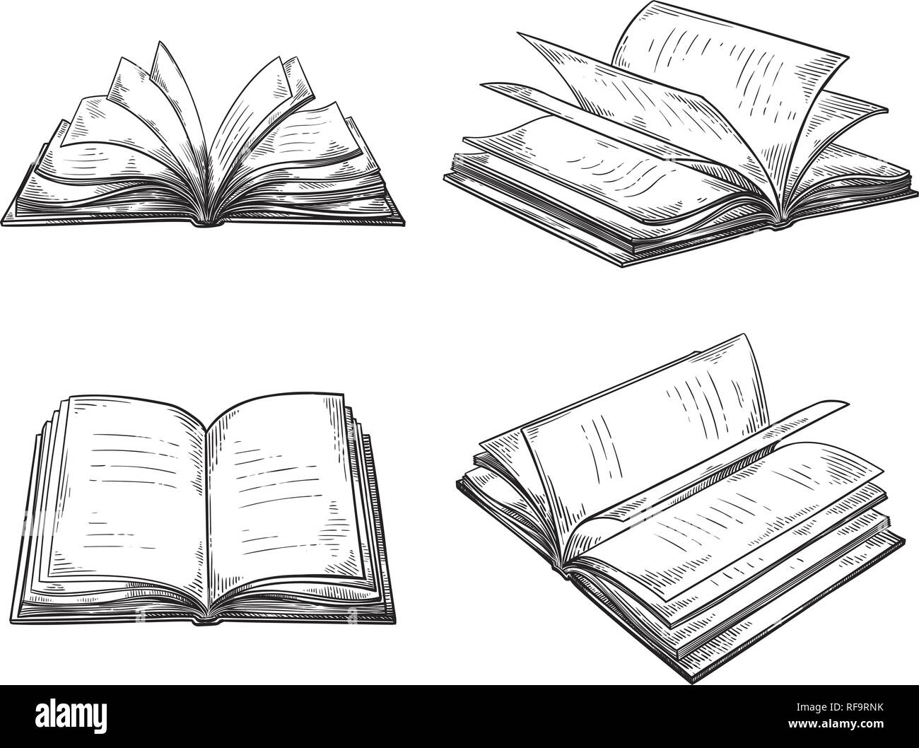 vintage hand drawn sketch set of books retro black and white drawing line graphic design vector illustration. Stock Vector
