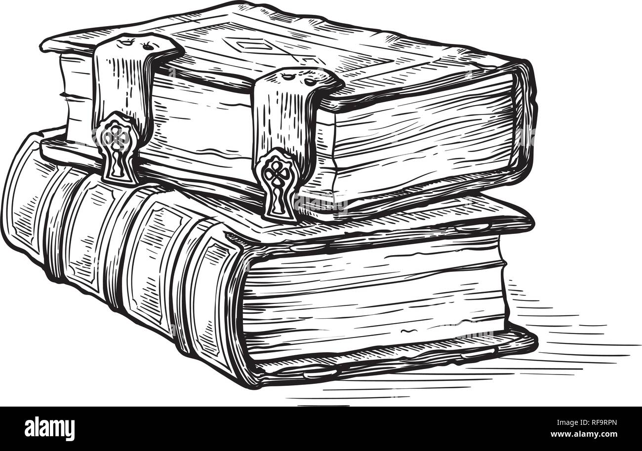 https://c8.alamy.com/comp/RF9RPN/hand-drawn-sketch-stack-from-two-oldest-books-isolated-on-white-background-vector-illustration-RF9RPN.jpg