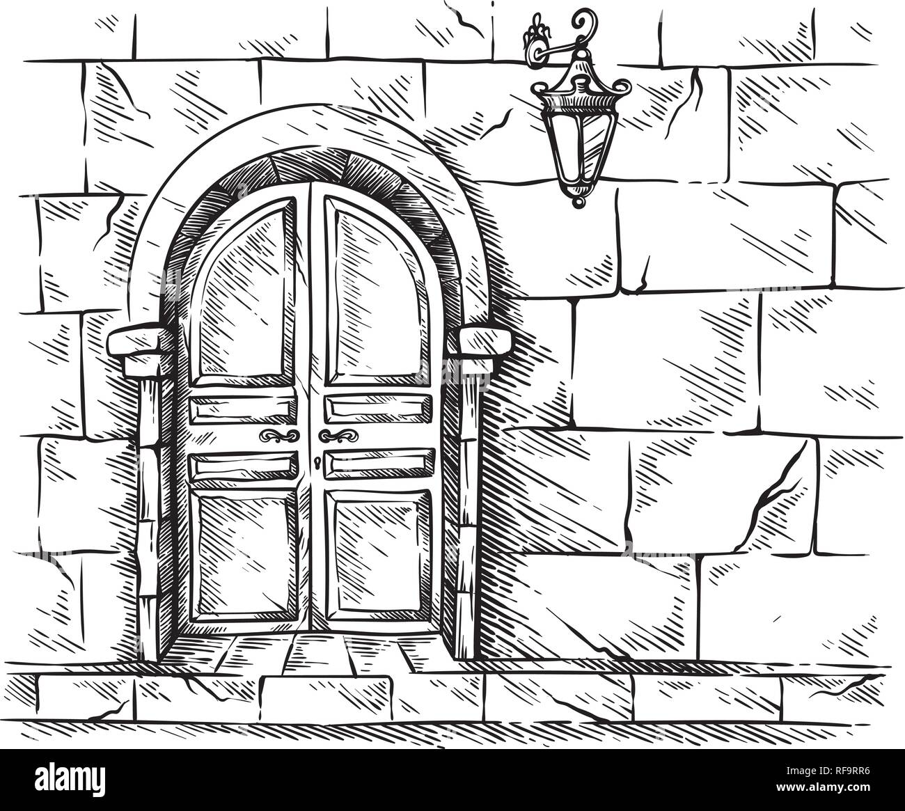 sketch hand drawn old double arched wooden door in stone wall vector illustration Stock Vector