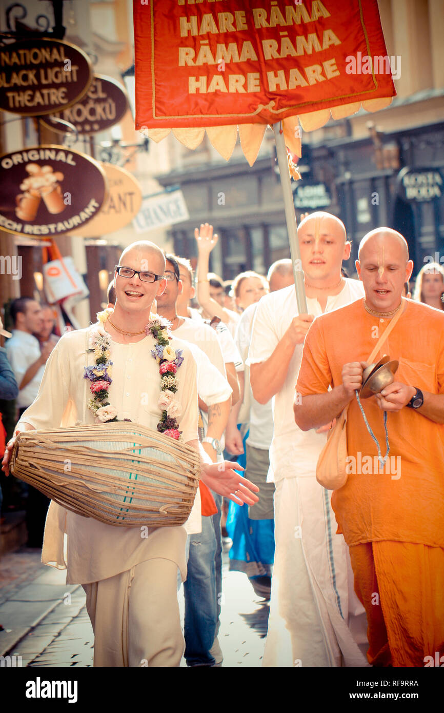 Prague, Czech Republic - August 17: Unidentified members of Hare Krishna chanting and dancing  during the Vaishnava religious festival on 17th August  Stock Photo