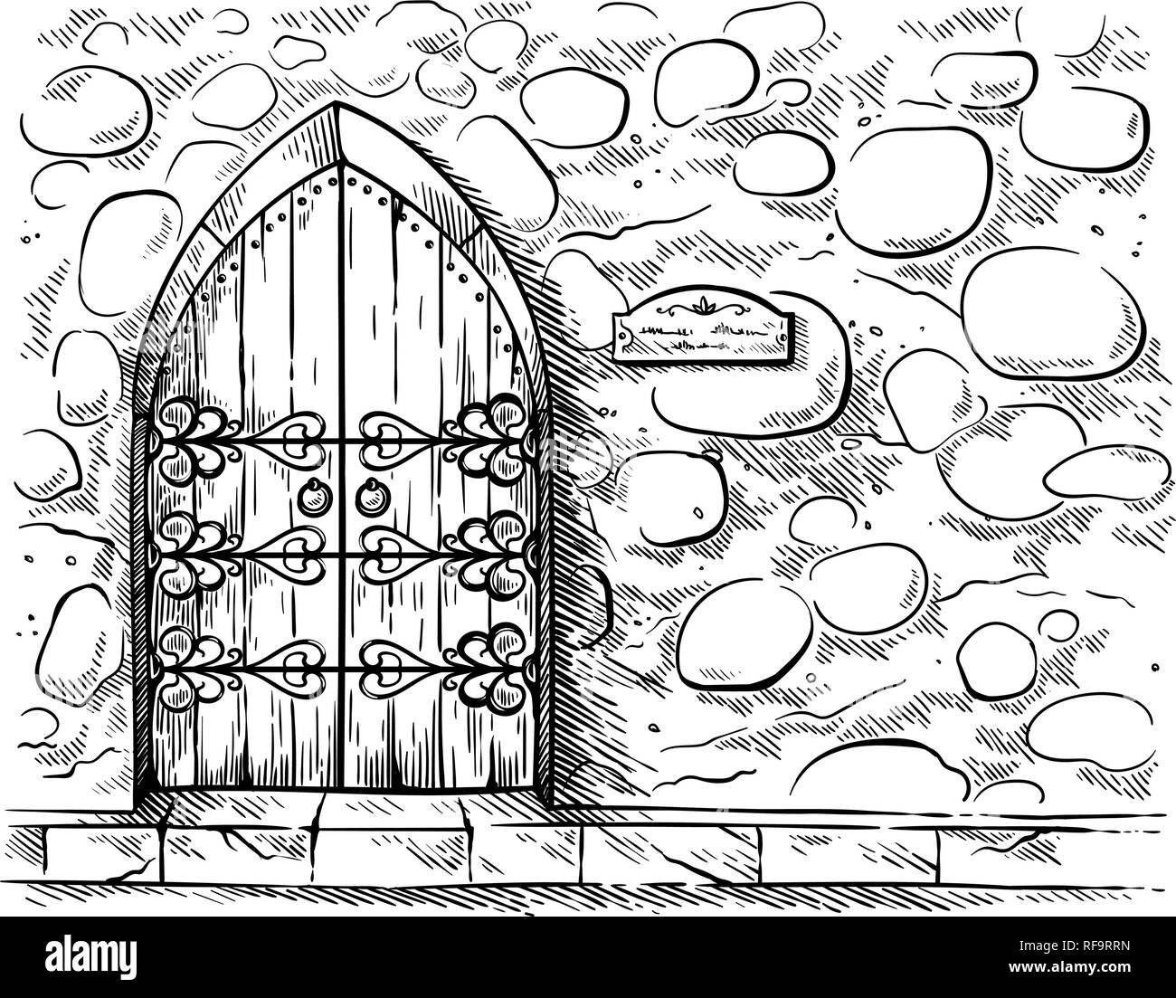 sketch hand drawn old double arched wooden door in stone wall castle vector illustration Stock Vector