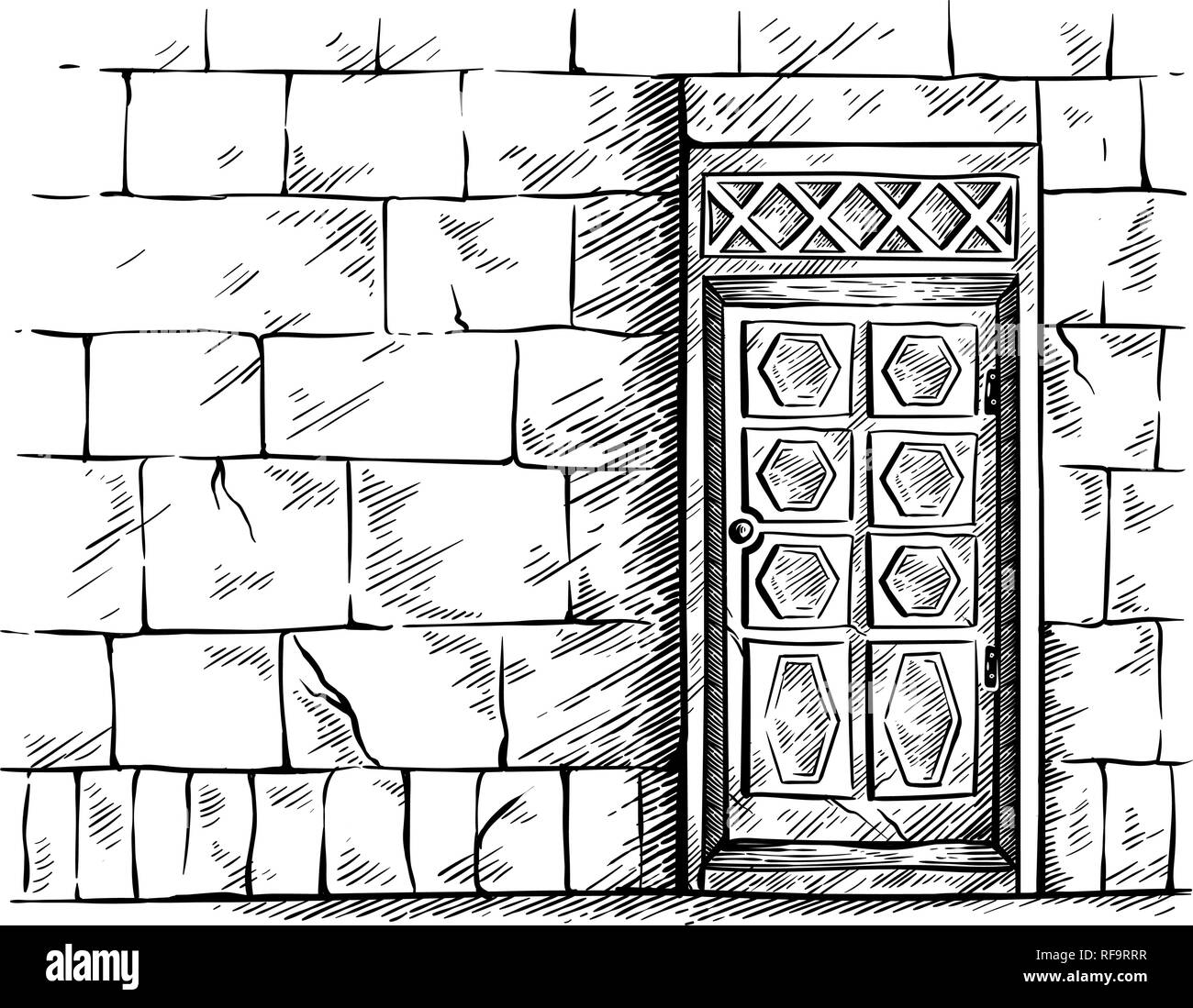 sketch hand drawn old rectangular wooden door in brick wall vector illustration Stock Vector