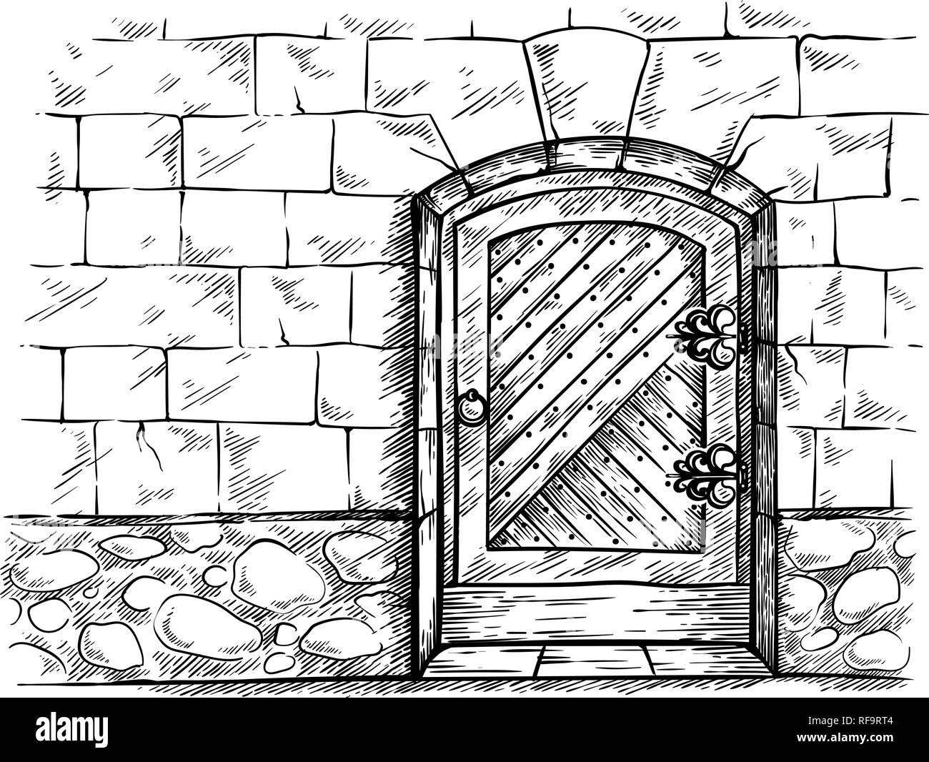 sketch hand drawn old arched wooden door in stone wall vector illustration Stock Vector