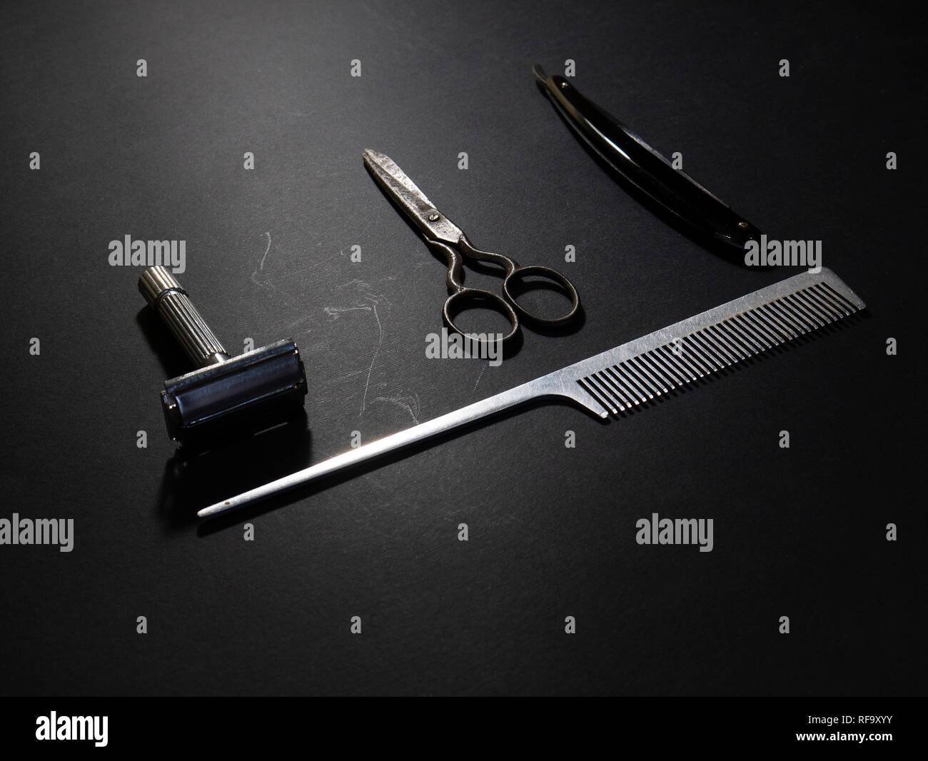 Shaving and barber equipment on wooden background Stock Photo